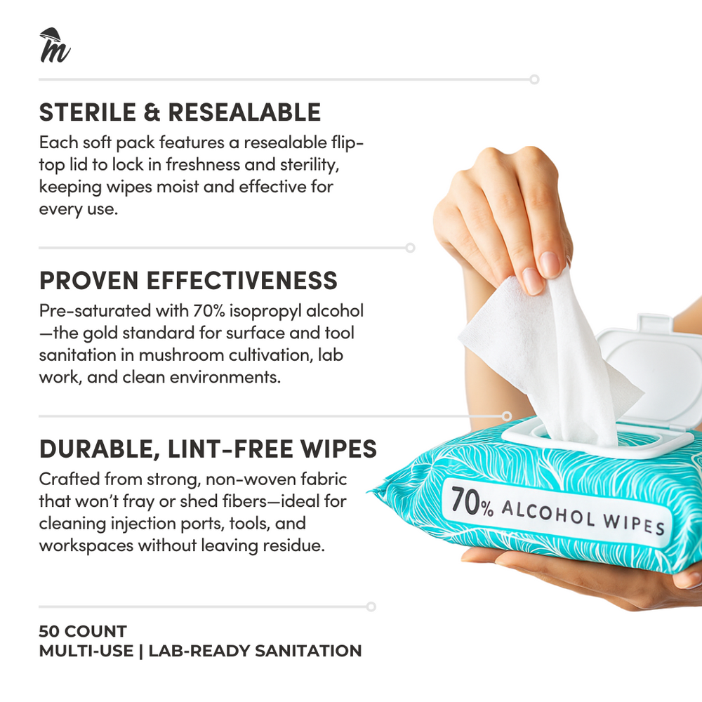 
                      
                        Mycelium 70% Isopropyl Alcohol Wipes – Soft Pack (50 Count)
                      
                    
